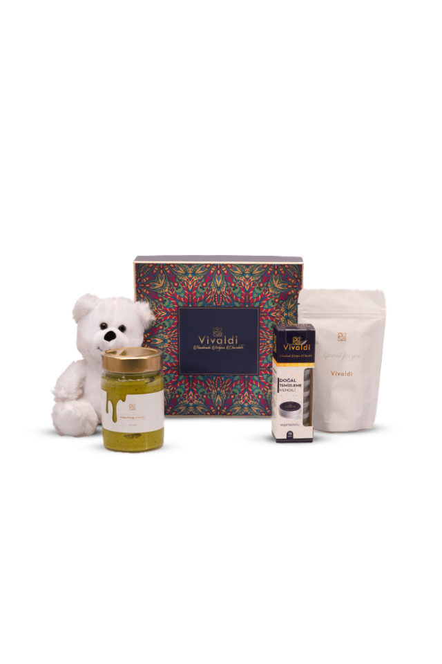 Vivaldi Piano Hediye Seti - El Yapımı Belçika Çikolatası, Antep Fıstığı Kreması, Türk Kahvesi ve Beyaz Peluş Ayıcık